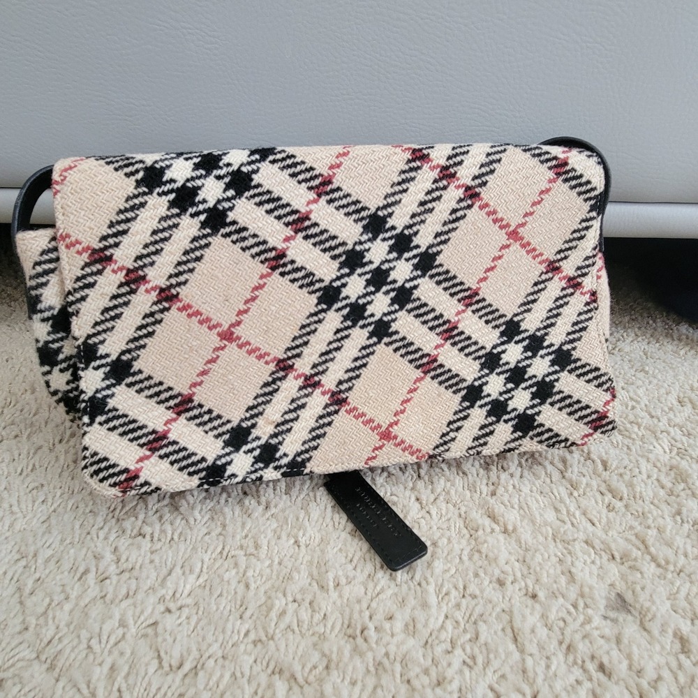 Vtg Burberry London Nova Check Wool Baguette Shoulder Bag Tan Black Leather Trim - Picture 4 of 16